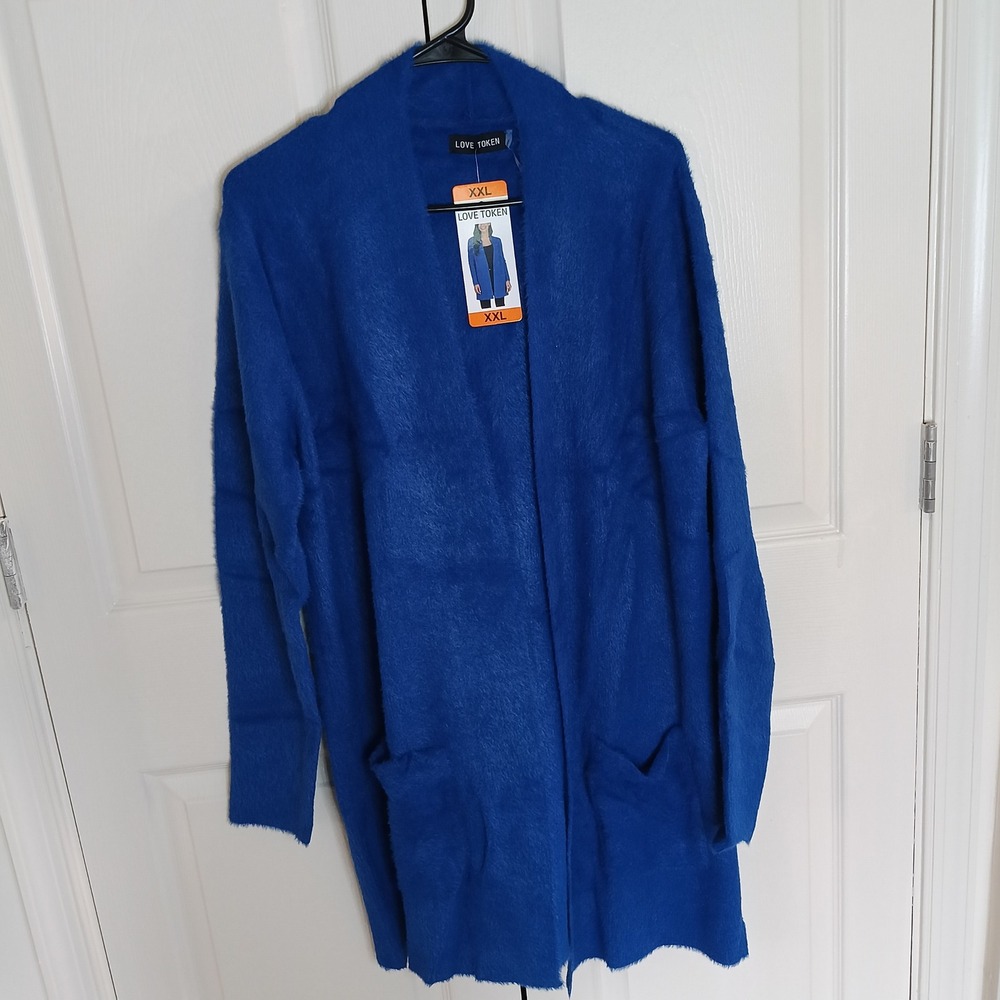 Love Token Cardigan Women XXL Blue NEW Eyelash Knit Open Front Duster Pockets